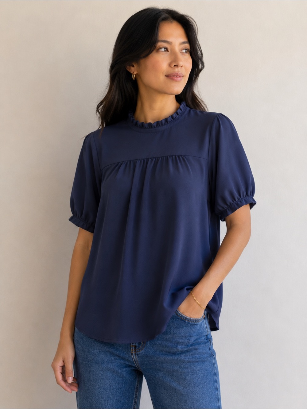Earth Music & Ecology Premium Medium Navy Blue Puff Sleeve Ruffle Blouse